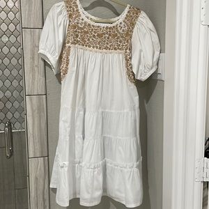 Mi Golondrina White and Gold Puff Sleeve Dress